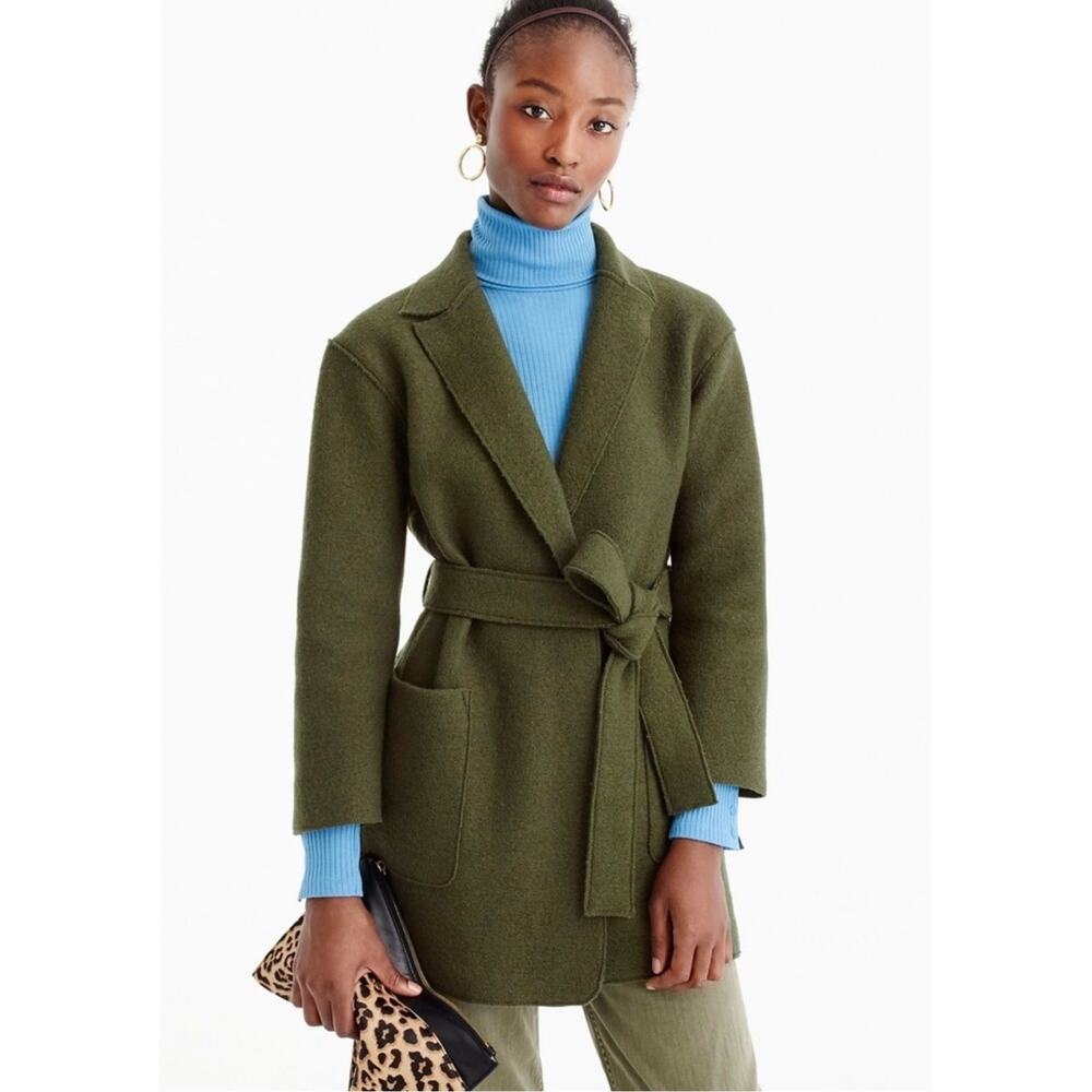 J.Crew Boiled Wool Wrap Coat Forest Green XS Belted - Picture 3 of 15